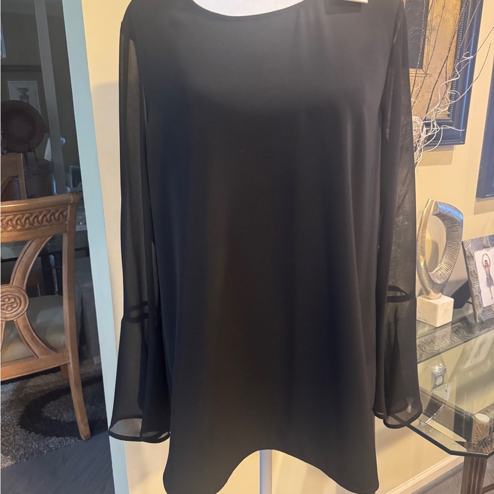 Calvin Klein Black Long Sleeve Blouse Sheer Sleeve Size L‎ NWT $79.50